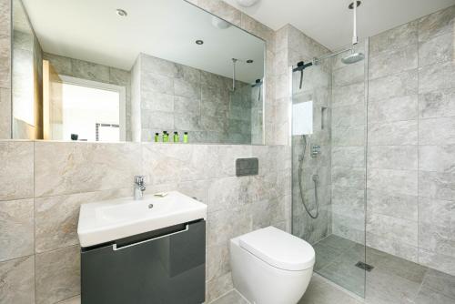 a bathroom with a toilet and a sink and a shower at Robins Retreat ML55 Lower Mill Estate Cotswolds in Somerford Keynes