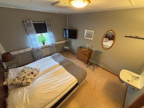 a bedroom with a bed and a mirror and a television at Hälsokällans Bed and Breakfast in Kyrkhult