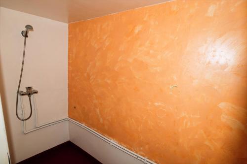 a shower in a bathroom with an orange wall at Auberge Sremt in Sremt