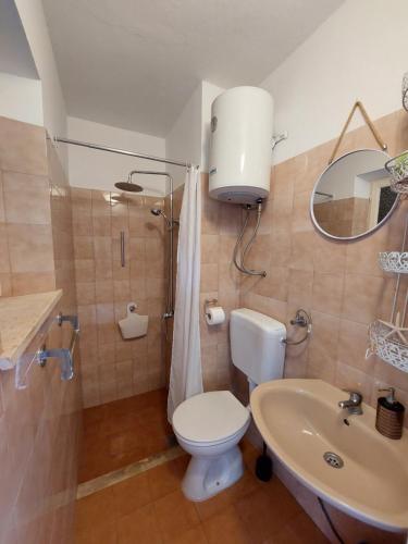 a bathroom with a toilet and a sink and a mirror at The White House Lumbarda in Lumbarda