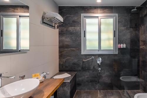 a bathroom with a sink and a shower at Lares De Chacras in Chacras de Coria