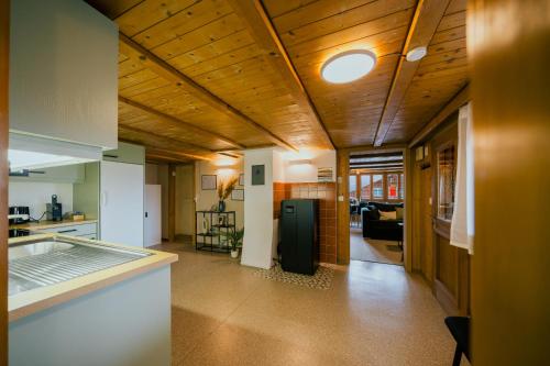 a kitchen with a counter and a refrigerator in a room at Mountain View near Brienz - free parking in Kienholz