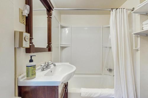 un bagno con lavandino e doccia di Norris Cottage a Bar Harbor