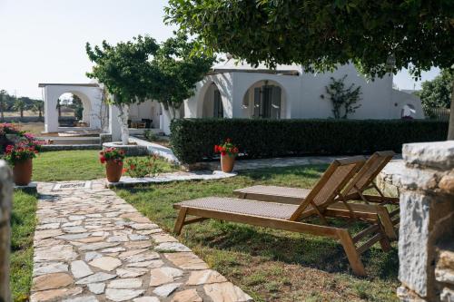 a bench sitting in the grass in front of a house at Scala Apartments in Kastraki Naxou