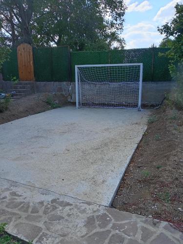 a soccer goal sitting in the middle of a yard at Vila Viktori in Pirot