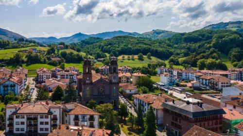 an aerial view of a town with buildings and mountains at Apartamento Larrazu II Agroturismo Baztán in Arráyoz
