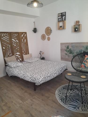 une chambre avec un lit, une chaise et une table dans l'établissement Studio 23 m2, proche centre, calme, WIFI, pk, à Montpellier