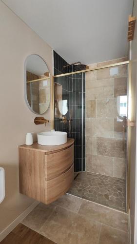 une salle de bain avec un lavabo et une douche avec un miroir dans l'établissement Superbe 3 chambres au centre d'Antibes AC, Parking, WIFI, à Antibes