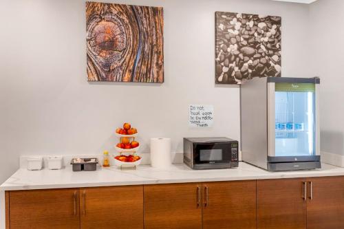 a kitchen counter with a microwave oven and a microwave at Red Roof PLUS Brooklyn - 3rd Ave in Brooklyn