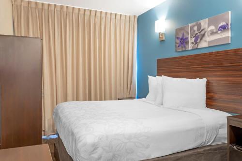 a hotel room with a large bed with white sheets at Red Roof PLUS Brooklyn - 3rd Ave in Brooklyn