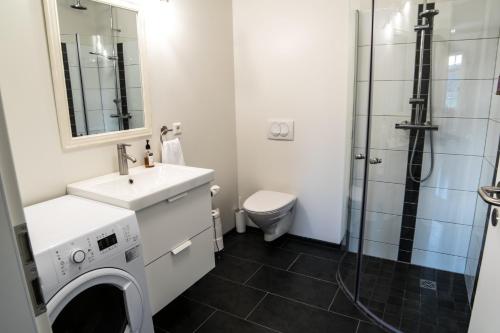 a bathroom with a sink and a toilet and a shower at Breidamyri Farm Apartments in Laugar
