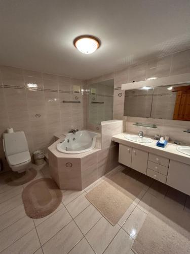 a bathroom with a tub and a toilet and a sink at Mountain View perfect retreat in Crans in Lens