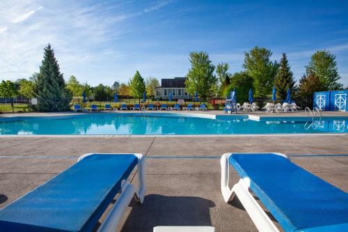 ein Schwimmbecken mit zwei blauen Bänken davor in der Unterkunft The Sweetgrass - 57 Butternut in Cherry Valley