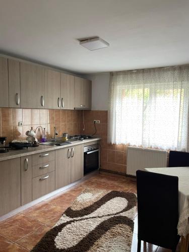 a kitchen with wooden cabinets and a table with a rug at Pensiunea Delia in Izlaz