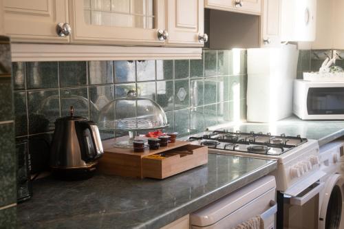 a kitchen with a stove and a counter top at Three Bedrooms Flat in Central Edinburgh Old Town in Edinburgh