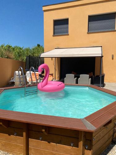 un cygne rose dans une piscine dans l'établissement Villa VIE House in Grau d'Agde, au Grau-dʼAgde