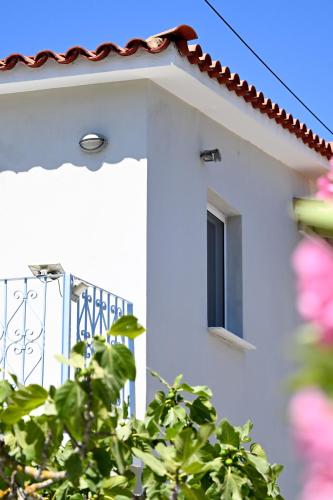 a white building with a window and a fence at Anchor Villa in Troulos