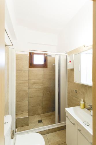 a bathroom with a shower and a toilet and a sink at Alcentro Studio 1 in Platamonas