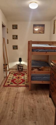 a bedroom with two bunk beds and a rug at Linda's house in Monforte dʼAlba