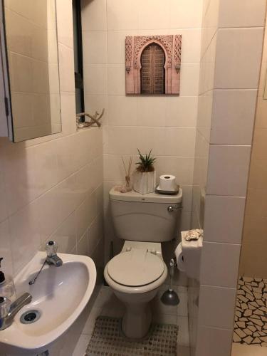 a small bathroom with a toilet and a sink at Beachfront Studio Flat in Cape Town