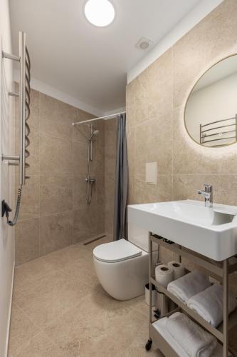 a bathroom with a sink and a toilet and a mirror at P6-A Riga Old Town Apartments in Rīga