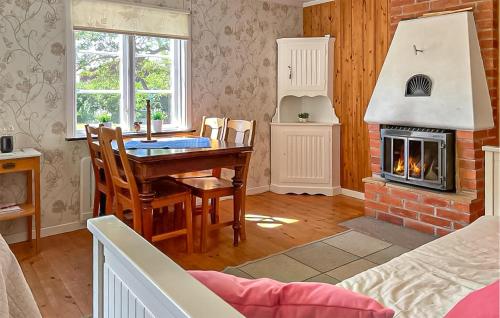 a living room with a table and a fireplace at 2 Bedroom Stunning Home In Klintehamn in Klintehamn