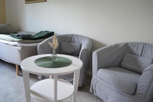 a living room with two couches and a table at Tostarps Pensionat in Hässleholm