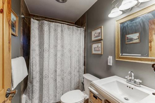 a bathroom with a toilet and a sink at The Rikz Cabin in South Lake Tahoe