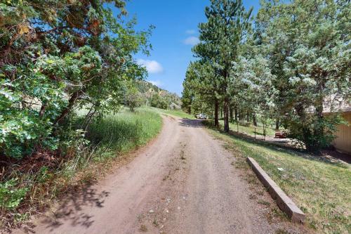 a dirt road with trees and a car on it at Elephant Mountain Cabin at Filoha Meadows in Redstone