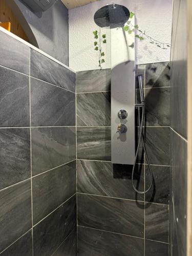 a bathroom with a shower with gray tiles at Appartement avec Jaccuzi & Jardin in Castres