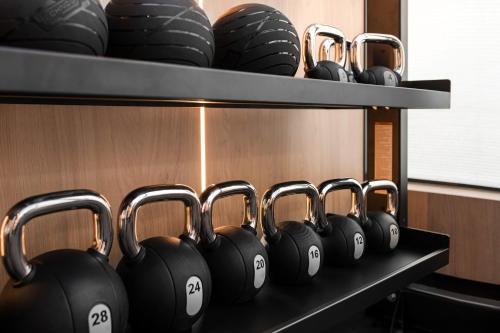 a row of black dumbbells on a shelf at Wings Plaza in Kraków