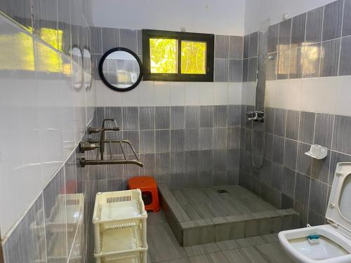 a bathroom with a shower and a toilet and a sink at Pension Les Palmiers in Kipé