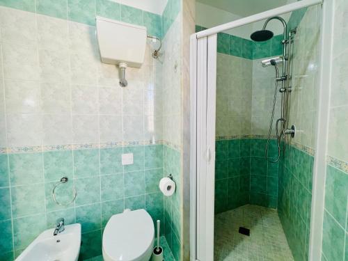 a bathroom with a toilet and a shower at Palmira in Isola delle Femmine