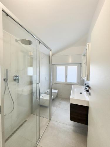 a bathroom with a shower and a sink and a toilet at Appartamento Mare e Relax in Bellaria-Igea Marina