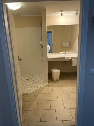 a bathroom with a sink and a toilet and a mirror at Hotel Admiral Scheer in Laboe