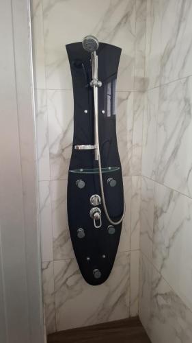 a black guitar instrument hanging on a wall at Duquesa Valentina Hotel in Salta