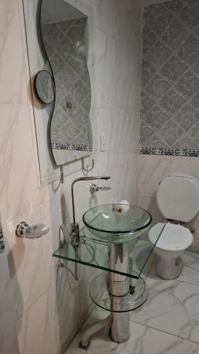 a bathroom with a glass sink and a toilet at Duquesa Valentina Hotel in Salta
