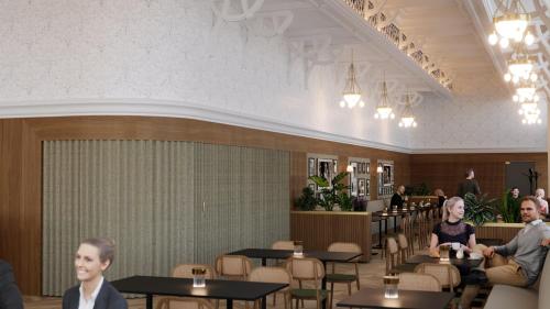 a rendering of a restaurant with people sitting at tables at Palatinus Grand Hotel in Pécs