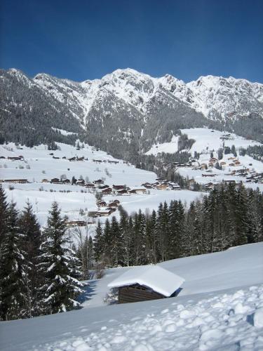 a snow covered mountain with a village in the foreground at Hotel Andreas in Alpbach