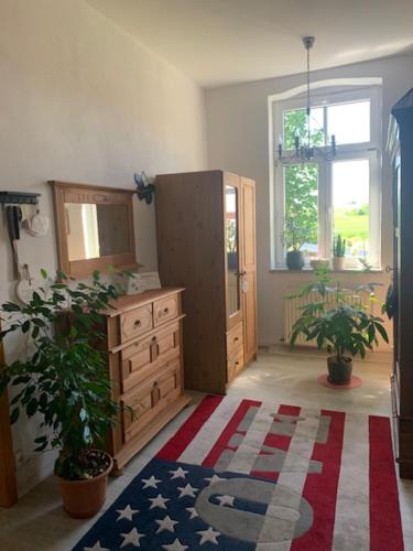 a room with an american flag rug and a dresser at Große Ferienwohnung in einer Villa im Grünen in Neustadt am Kulm