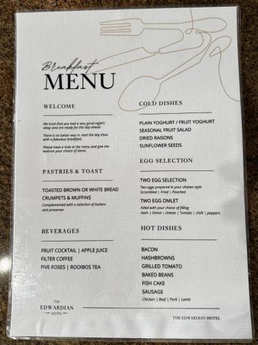 a menu for the menu restaurant at The olive stay at Edwardian unit F7 in Port Edward
