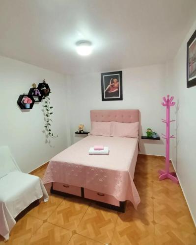 a bedroom with a pink bed and a pink pole at Hostel AyJ Familia Round Trip Airport Tr4nsfer Included in Lima