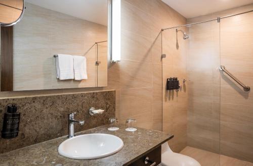 a bathroom with a sink and a shower at Hotel Poblado Alejandria in Medellín