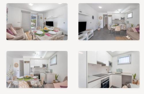 three different pictures of a living room and a kitchen at Divino en playa in Granadilla de Abona