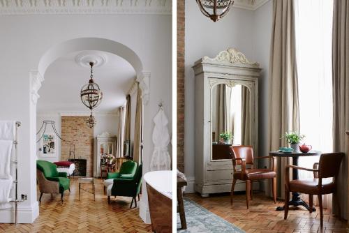 two pictures of a living room and a dining room at Artist Residence London in London