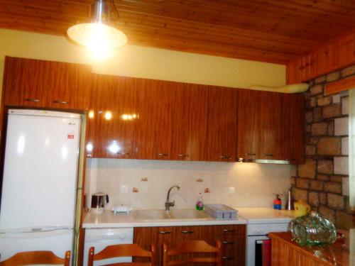 a kitchen with wooden cabinets and a white refrigerator at Menina Farm Kalamata Countryside in Perivolákia