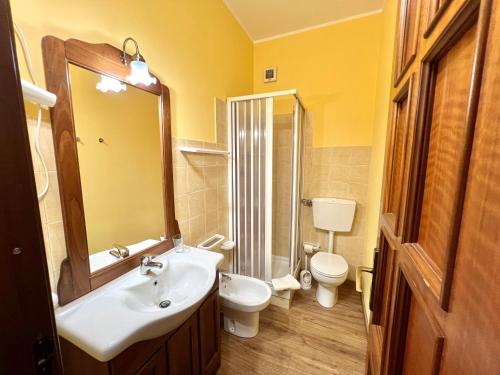 a bathroom with a sink and a toilet and a mirror at Ai Tre Parchi Bed And Bike in Randazzo