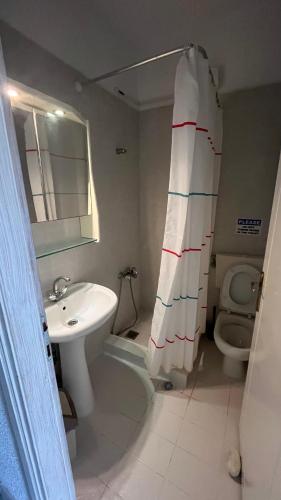 a bathroom with a sink and a toilet and a shower curtain at LAINAS apartments in Nea Skioni