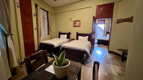a room with two beds and a table with a plant at Skill forest lodge in Arusha