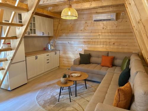 a living room with a couch and a table at Wooden House Šapat sela in Podgorica